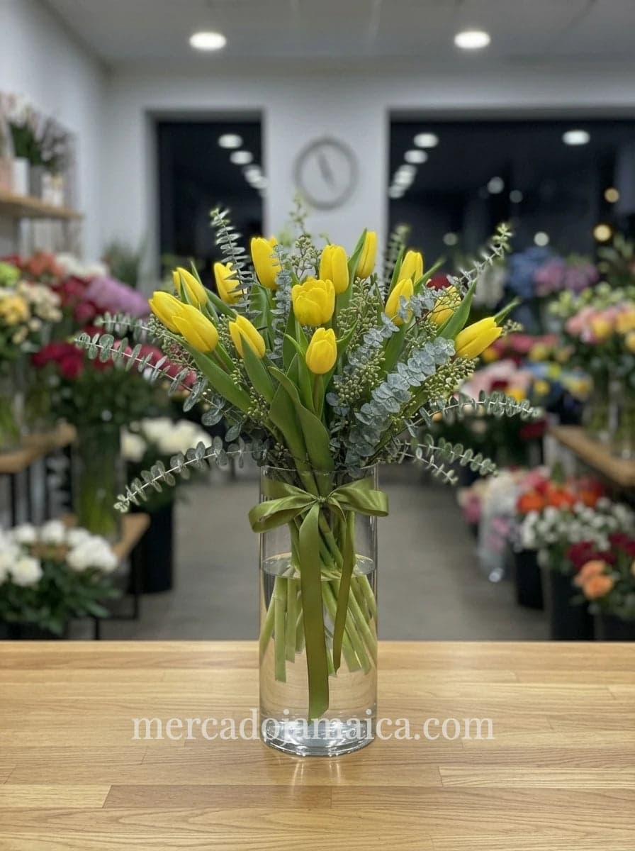 Cilindro 20 Tulipanes Amarillos con Follaje CDMX
