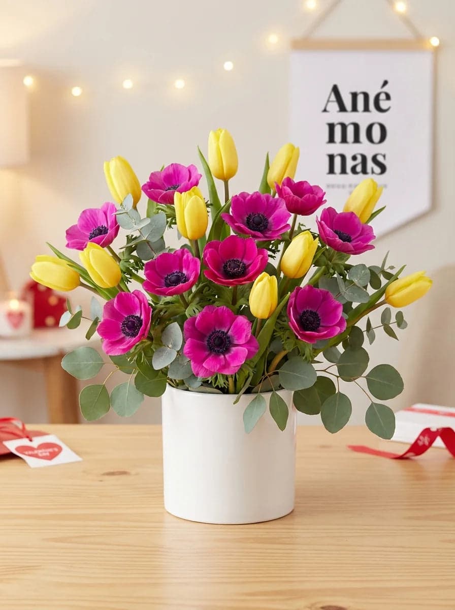 10 Anémonas Fucsia y Tulipanes Amarillos CDMX