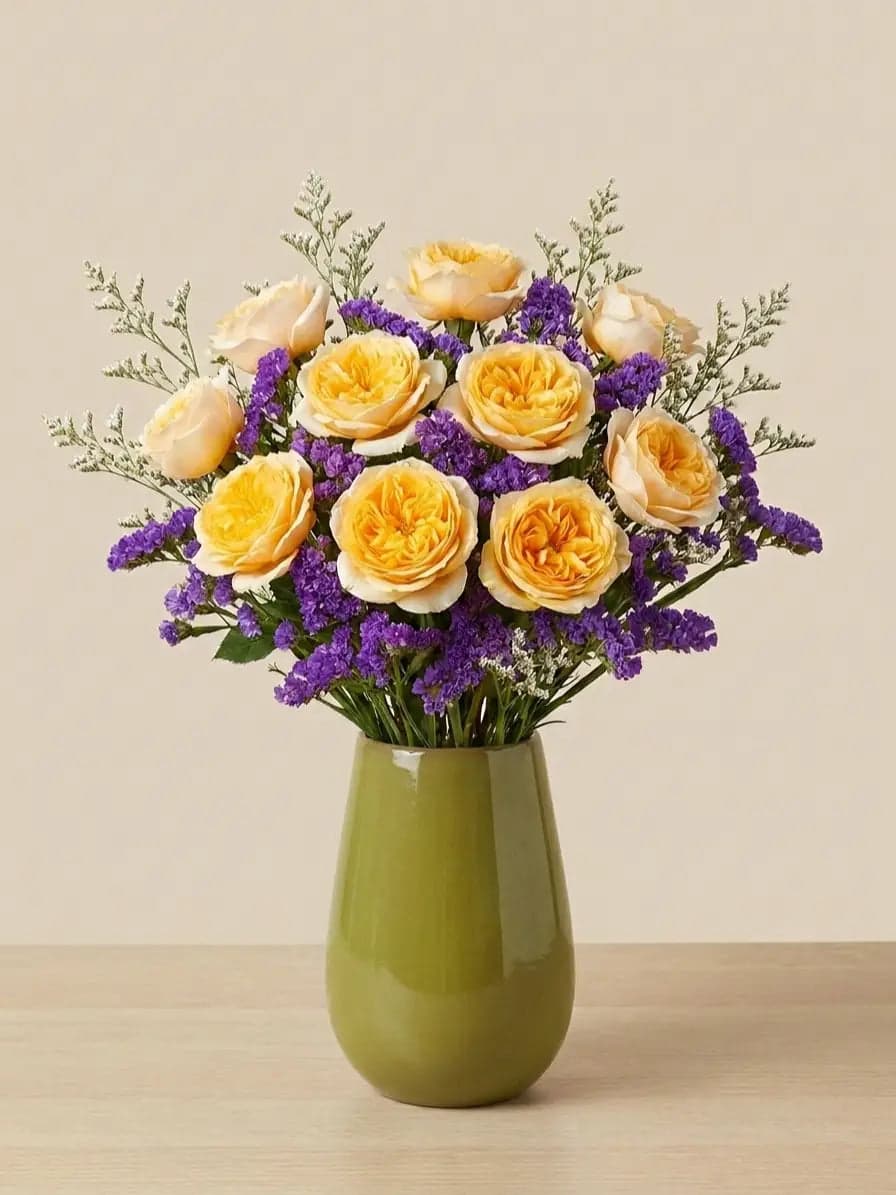 12 Rosas Inglesas Cristal Amarillo con Estatice CDMX