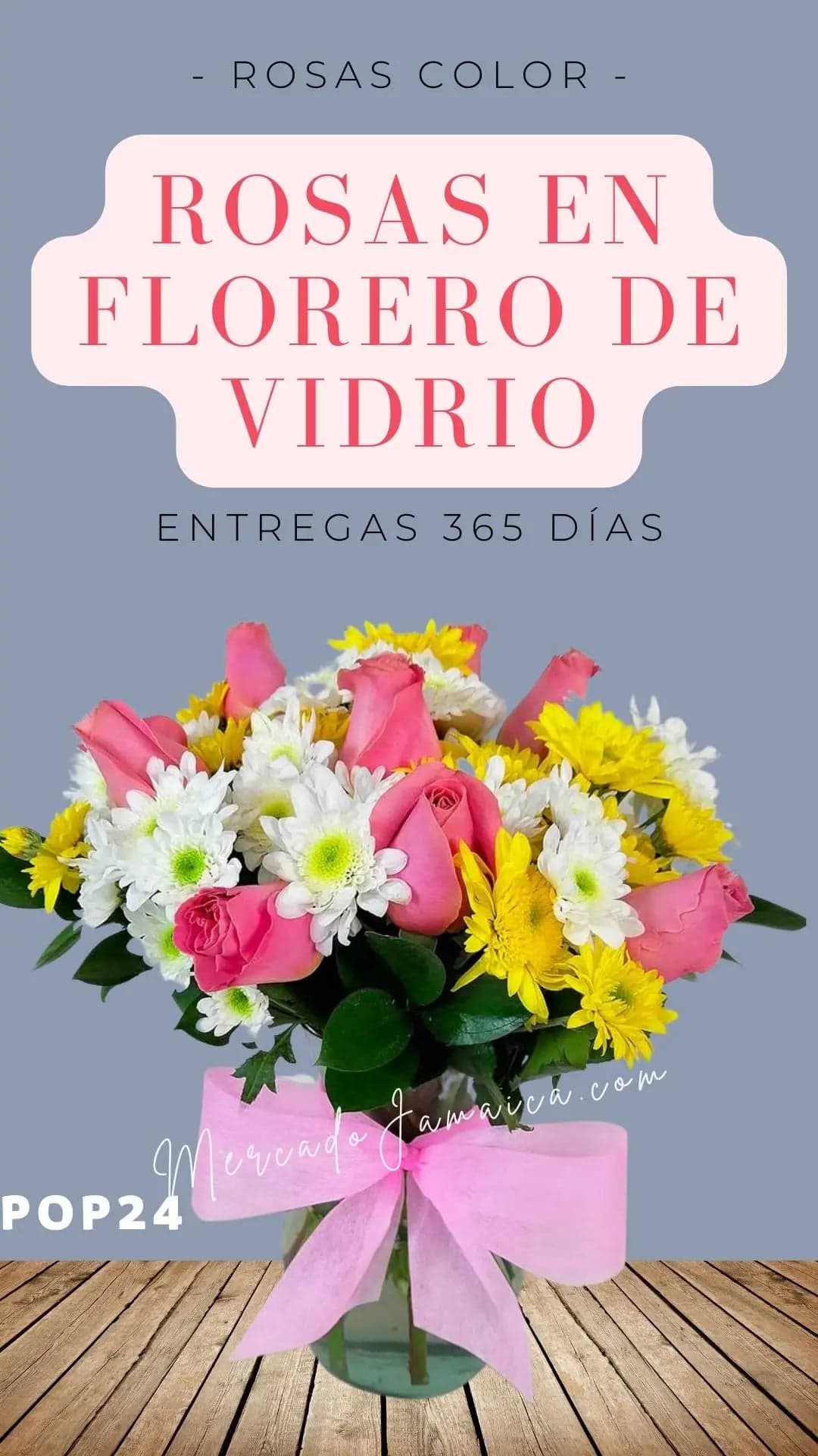 Arreglo 12 Rosas Rosa y Margaritas en Florero CDMX