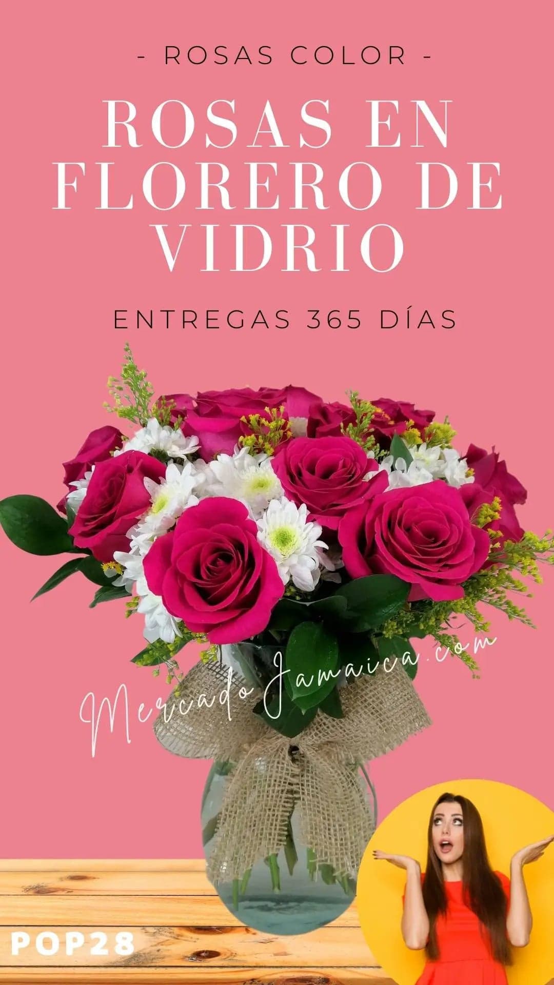 12 Rosas Fucsia con Florero a Domicilio CDMX