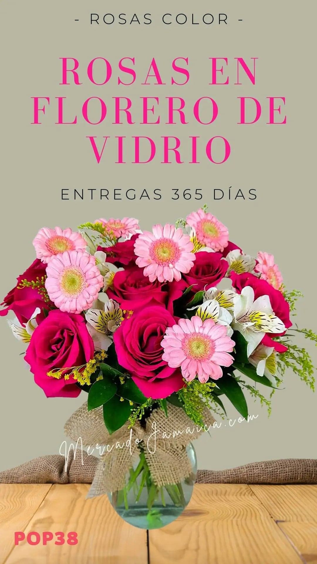 Arreglo 12 Rosas Fucsia y Gerberas Rosa CDMX
