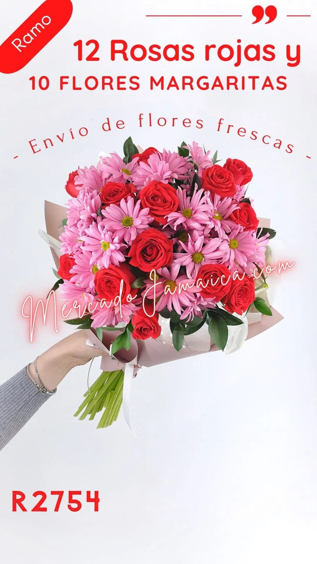Ramo 12 Rosas Rojas y Margaritas Rosa CDMX