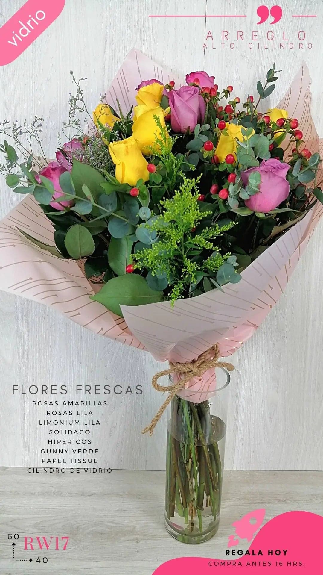 Ramo Rosas Amarillas y Lila con Florero CDMX
