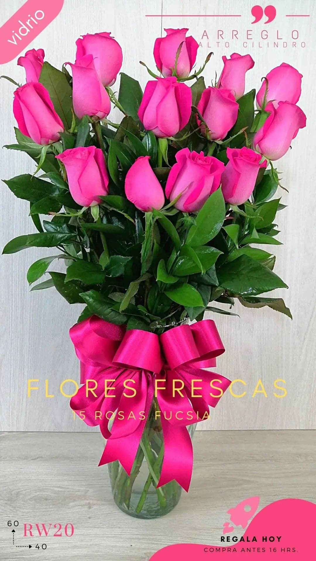 Arreglo 15 Rosas Fucsia en Florero · CDMX
