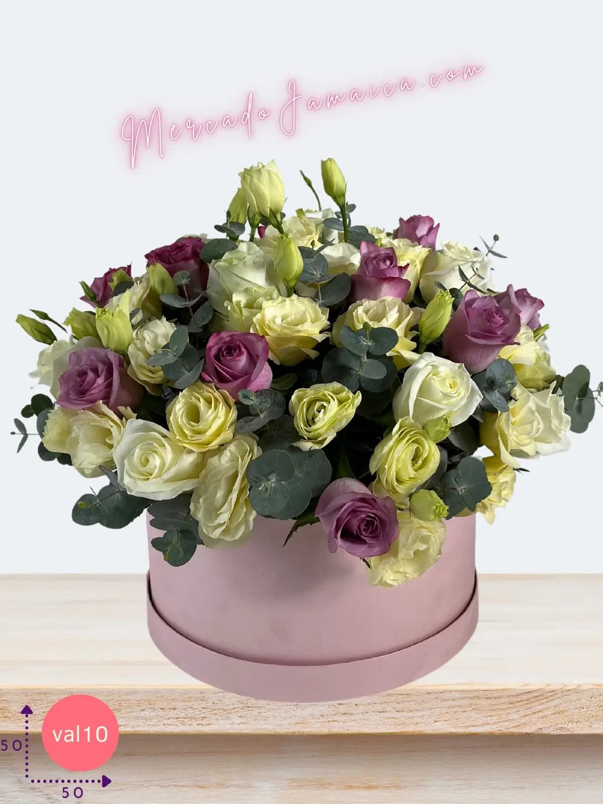 Caja cilíndrica 12 rosas blancas y lila + lisianthus CDMX