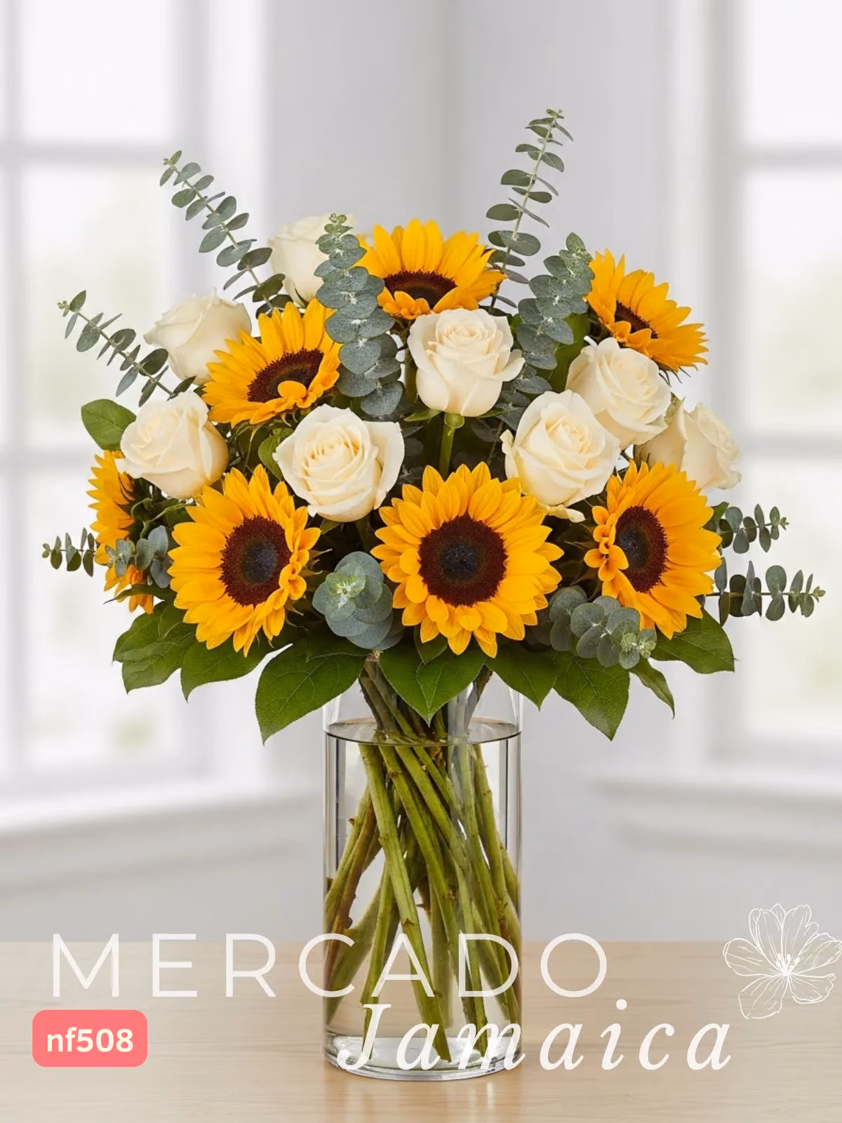 10 Girasoles y 18 Rosas Champagne con Florero CDMX