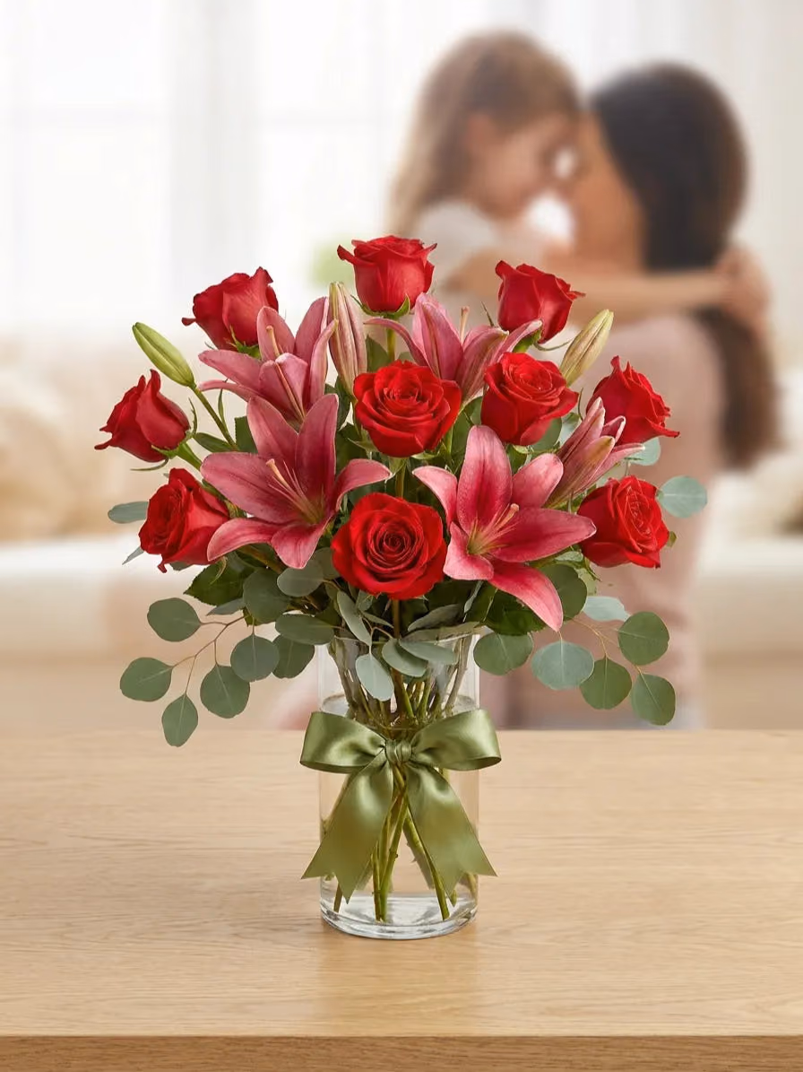 12 Rosas Rojas y Acapulcos en Florero CDMX