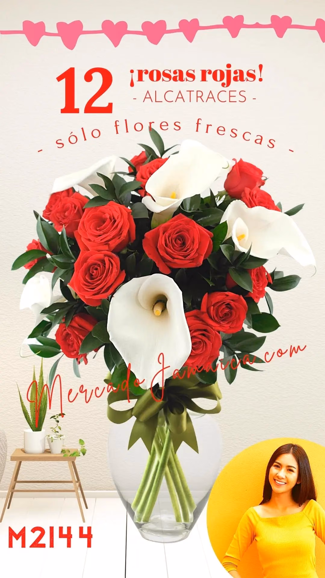 12 Rosas Rojas y Alcatraz Blanco en Jarrón CDMX