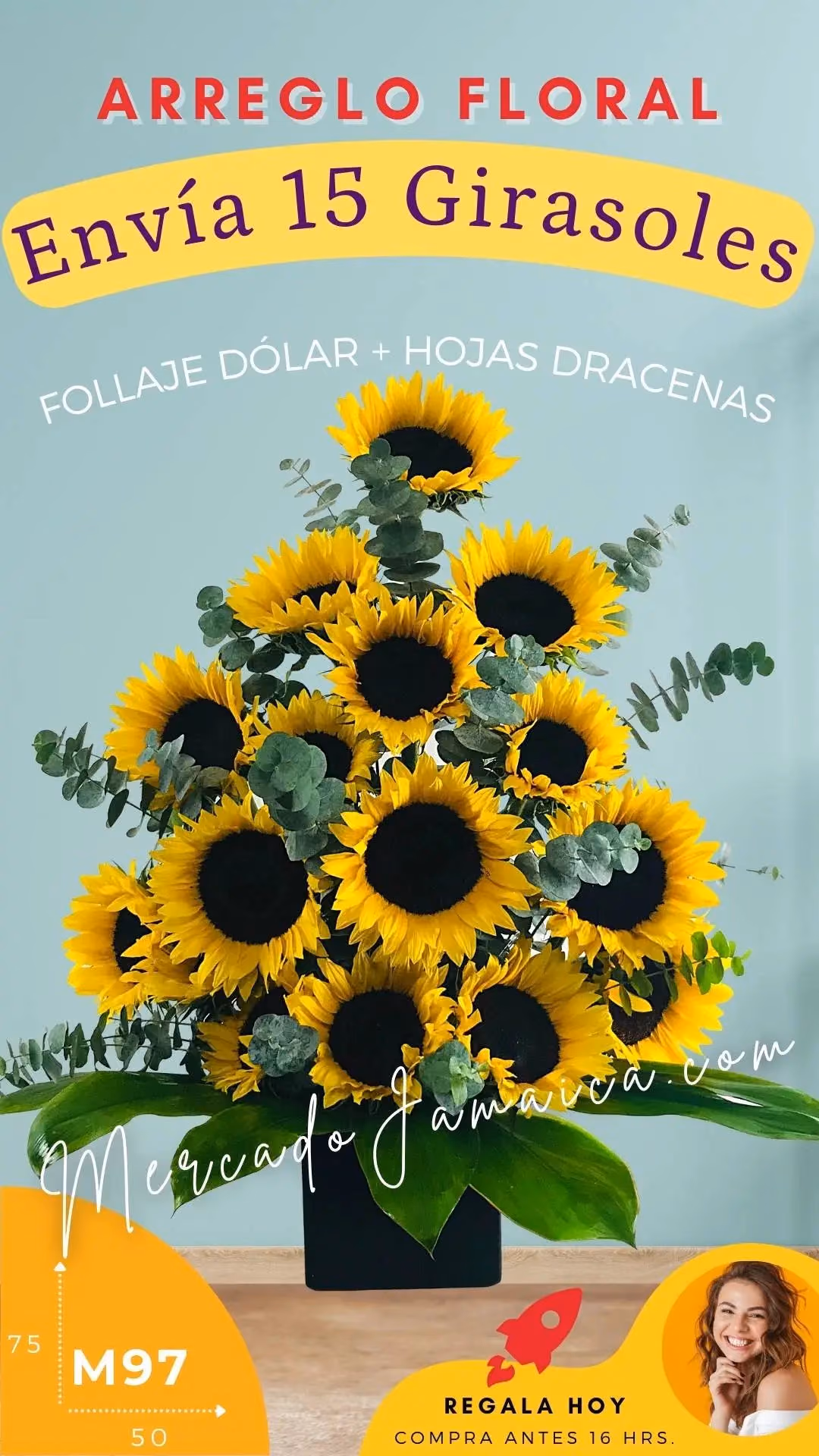 15 Girasoles Amarillos en Canasta · CDMX