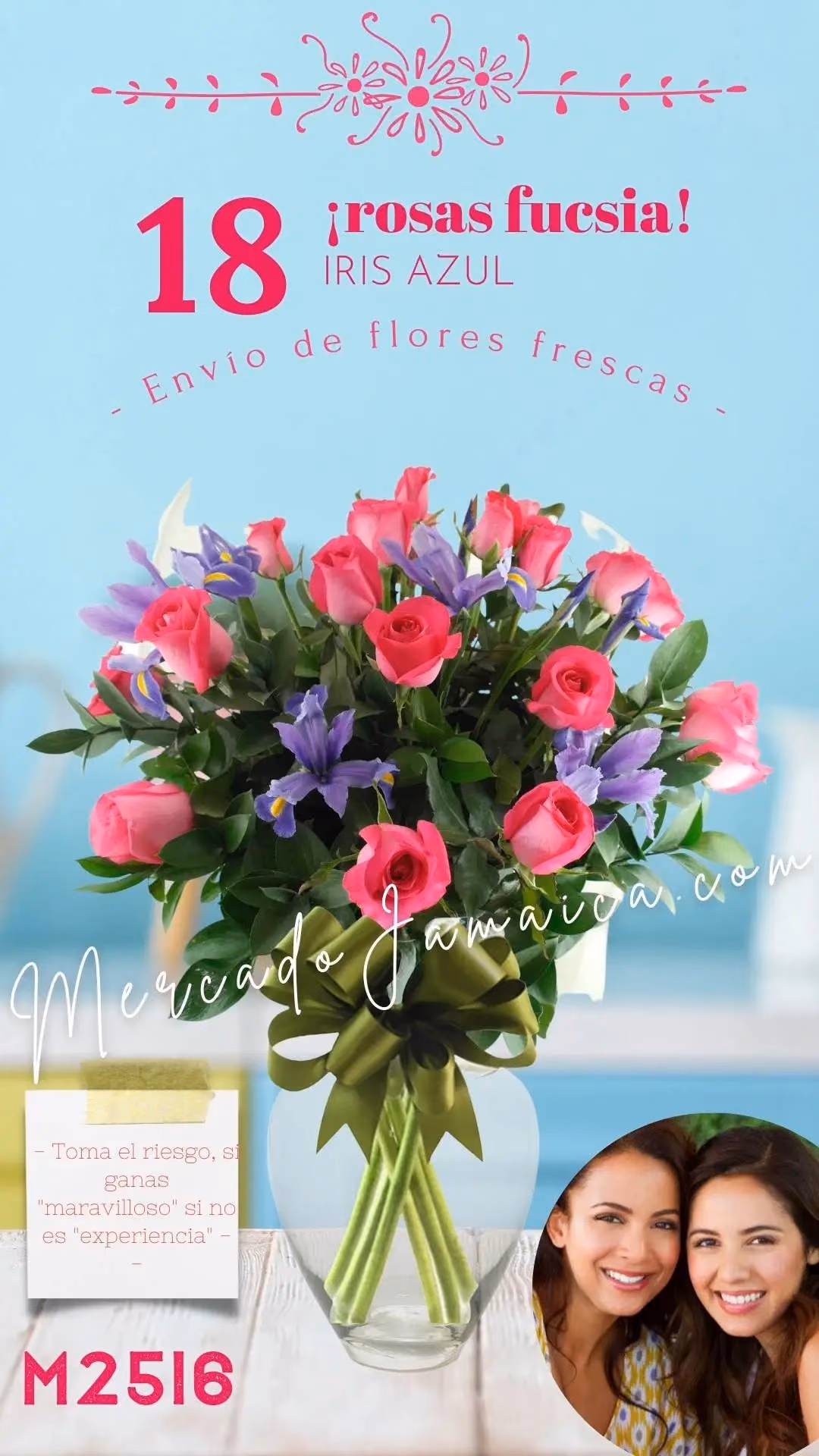 18 Rosas Fucsia con Iris Azul en Florero CDMX