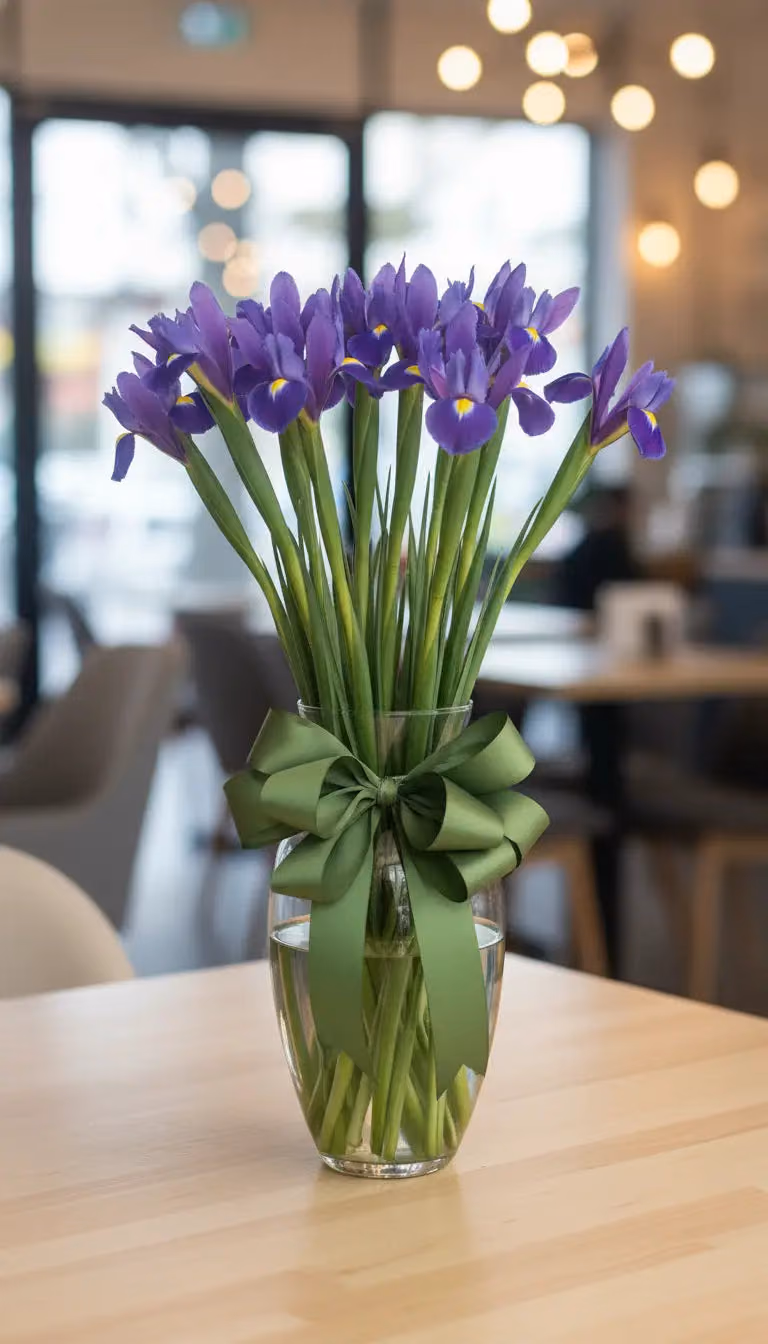 20 Iris Azules en Florero de Vidrio · CDMX