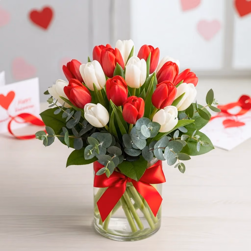 20 Tulipanes Blancos y Rojos en Florero CDMX