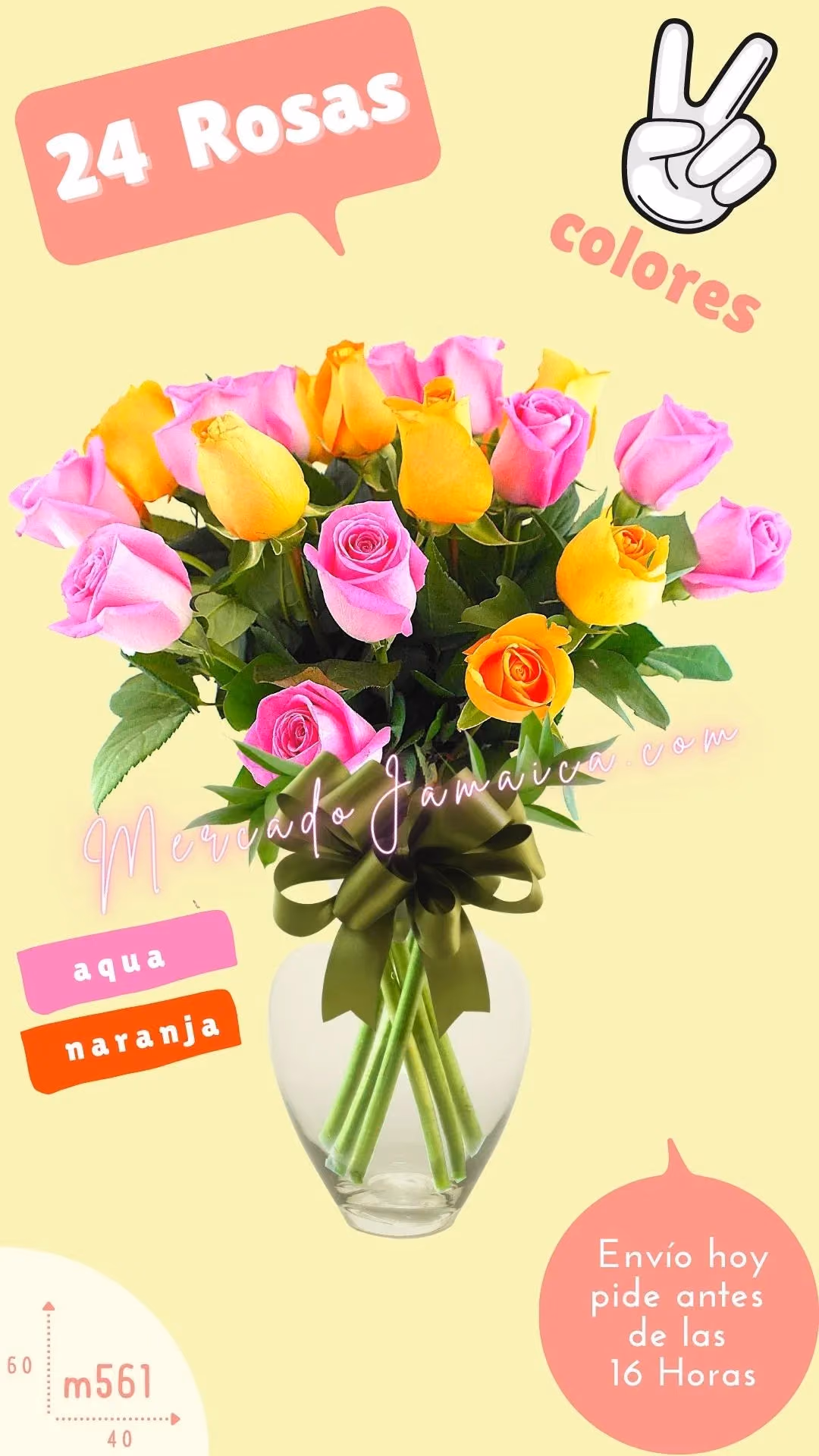 24 Rosas Aqua y Naranja en Base Vidrio CDMX