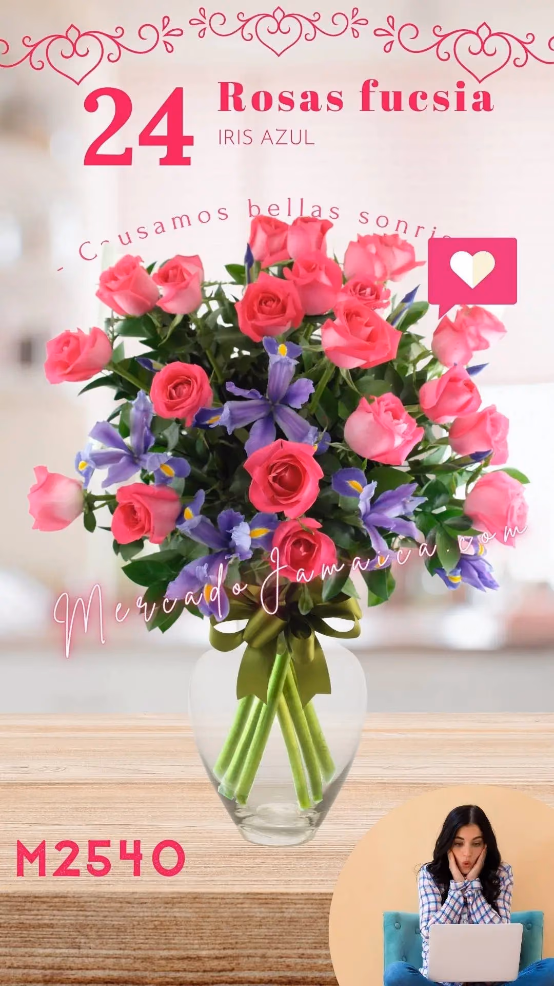 24 Rosas Fucsia con Iris Azul en Florero CDMX