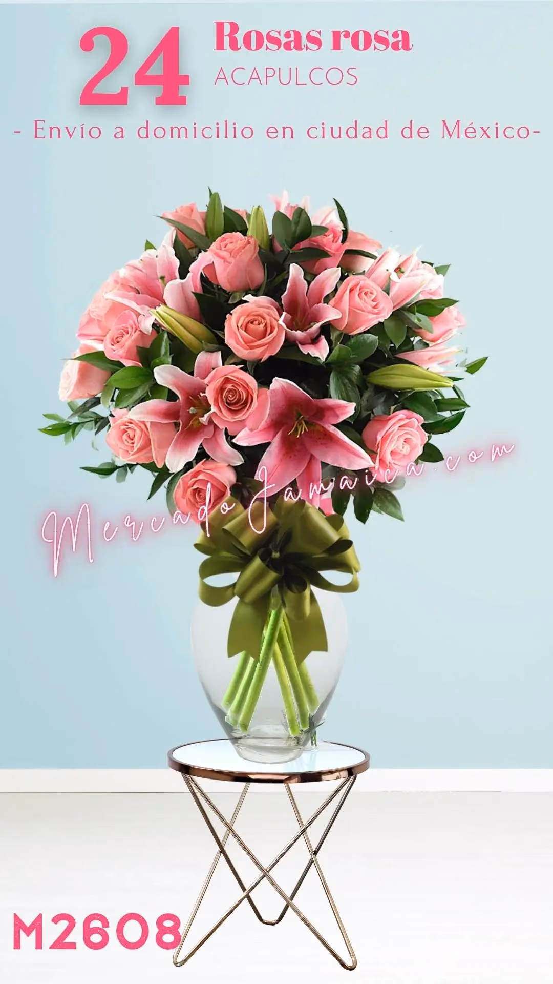 24 Rosas Rosas con Acapulcos en Florero CDMX