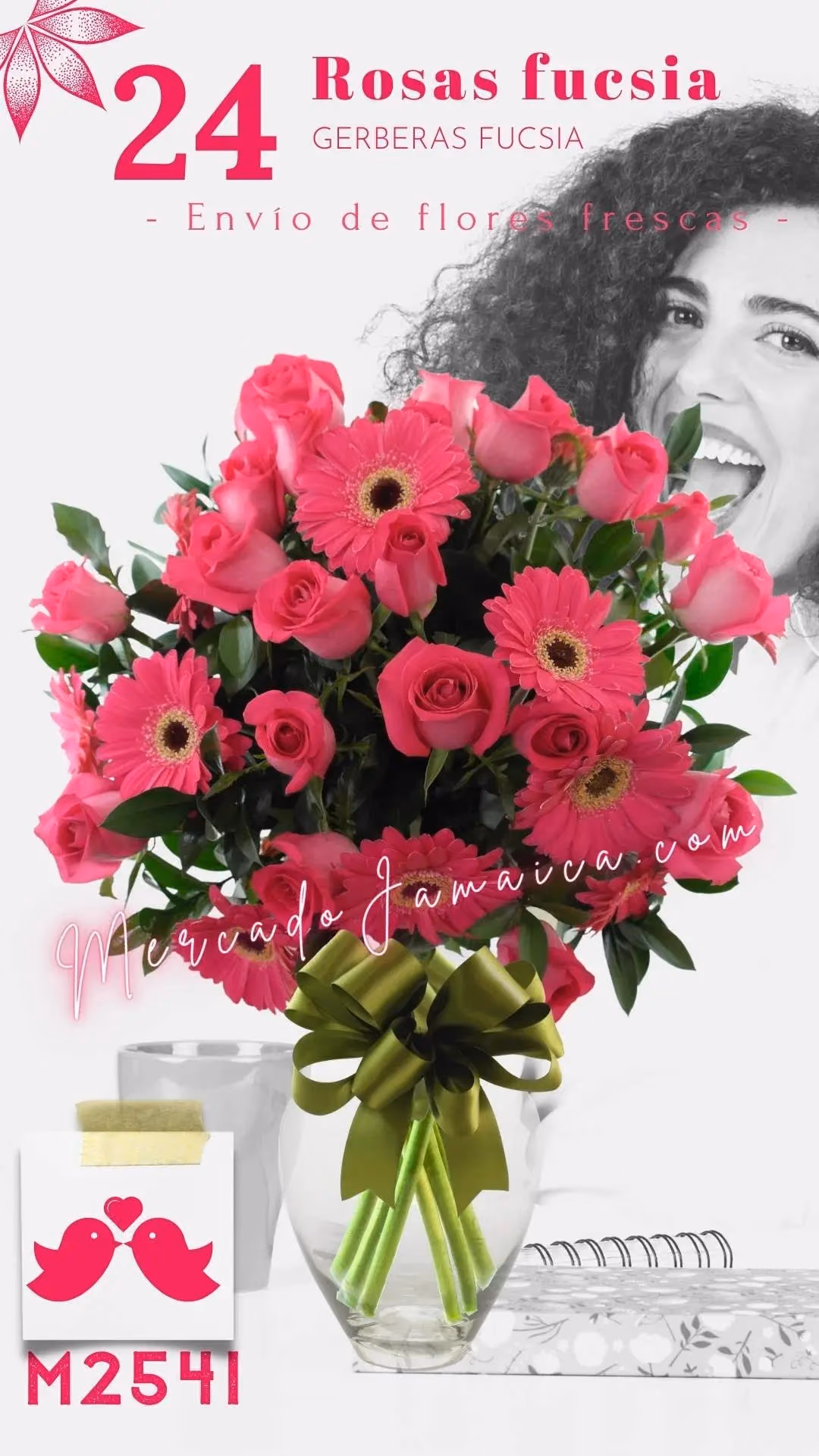 24 Rosas y 10 Gerberas Fucsia en Florero CDMX
