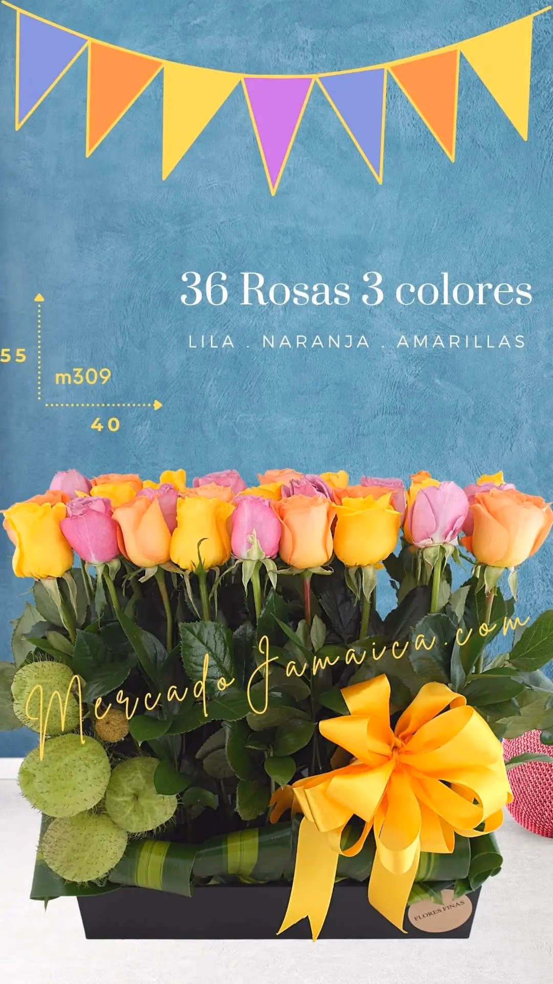 36 Rosas Naranja, Amarilla y Morada Jardinera CDMX
