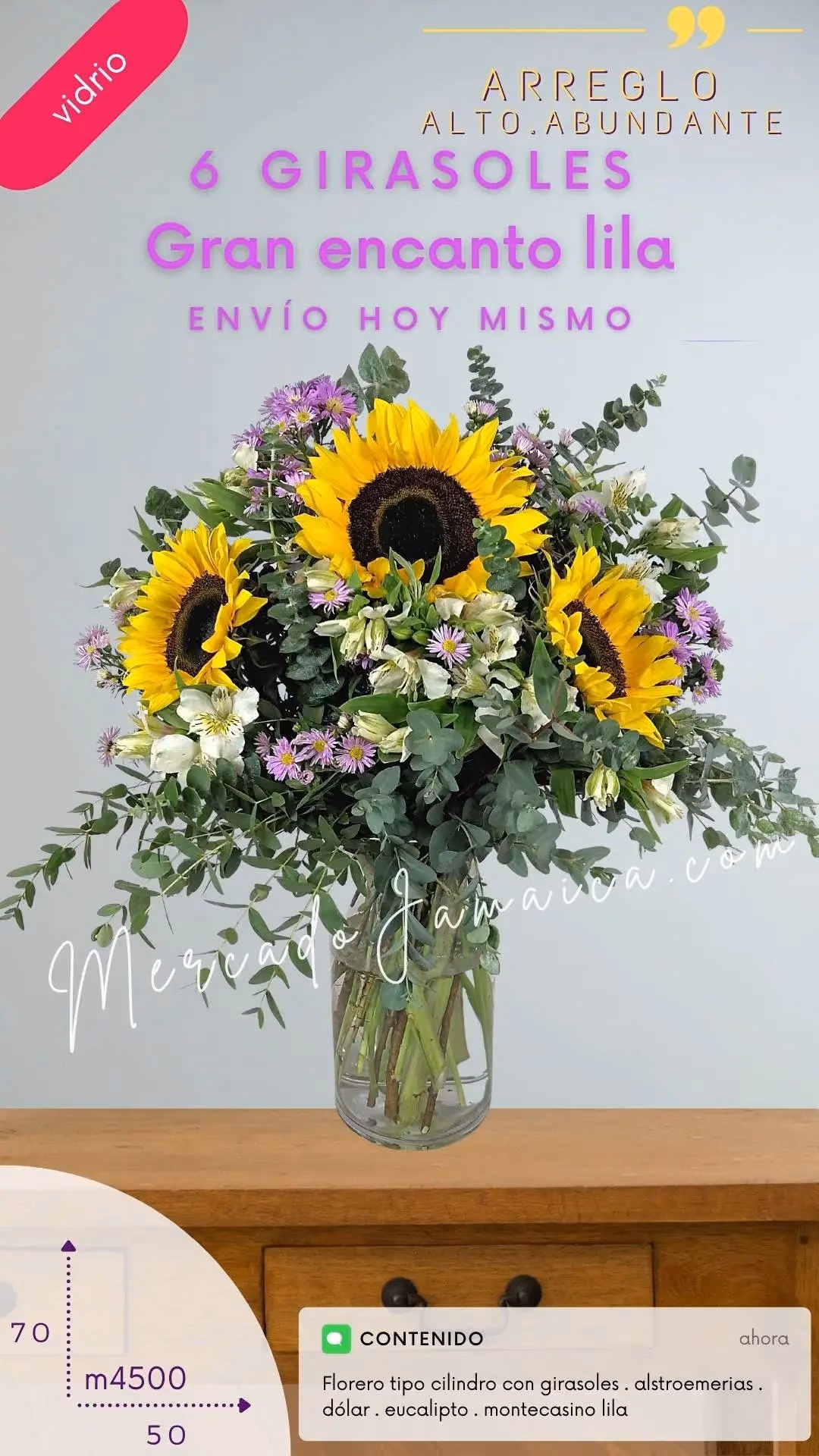 6 Girasoles en Florero Lila con Alstroemerias CDMX
