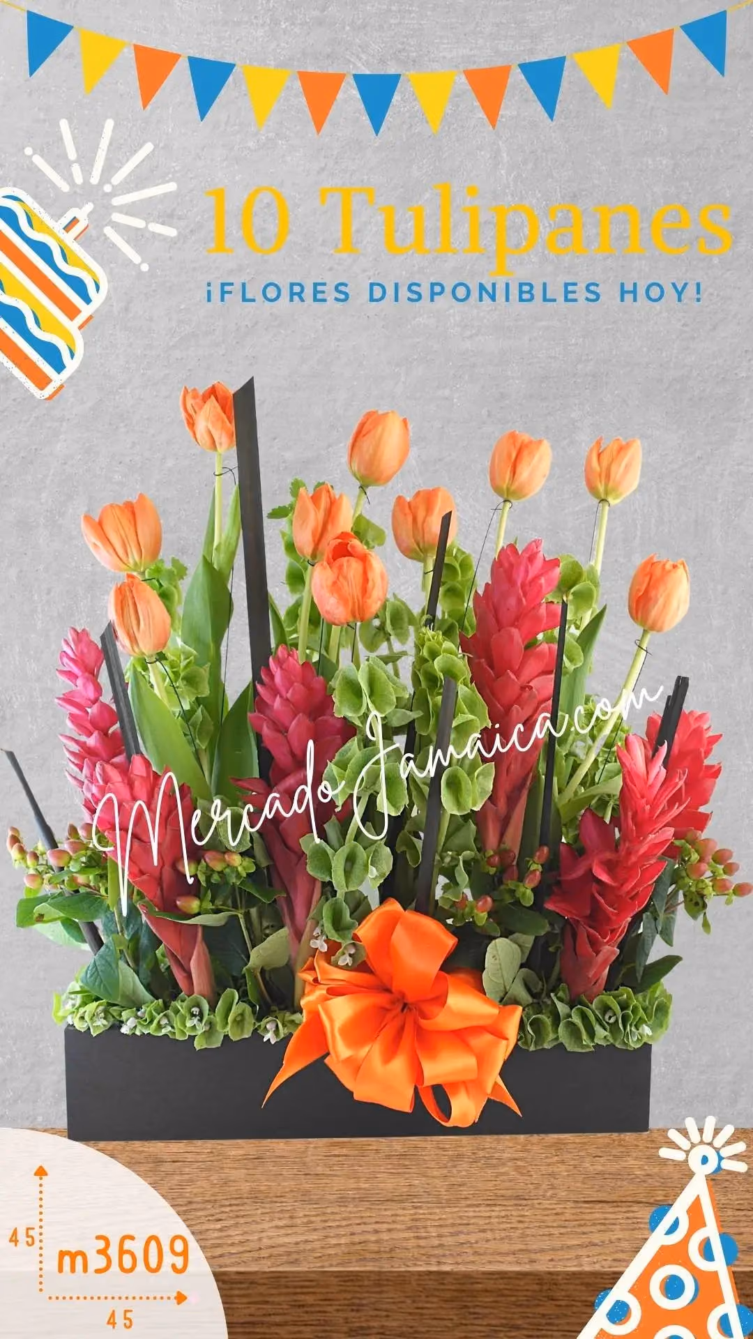 Arreglo 10 Tulipanes Naranja y Ginger Rojo CDMX