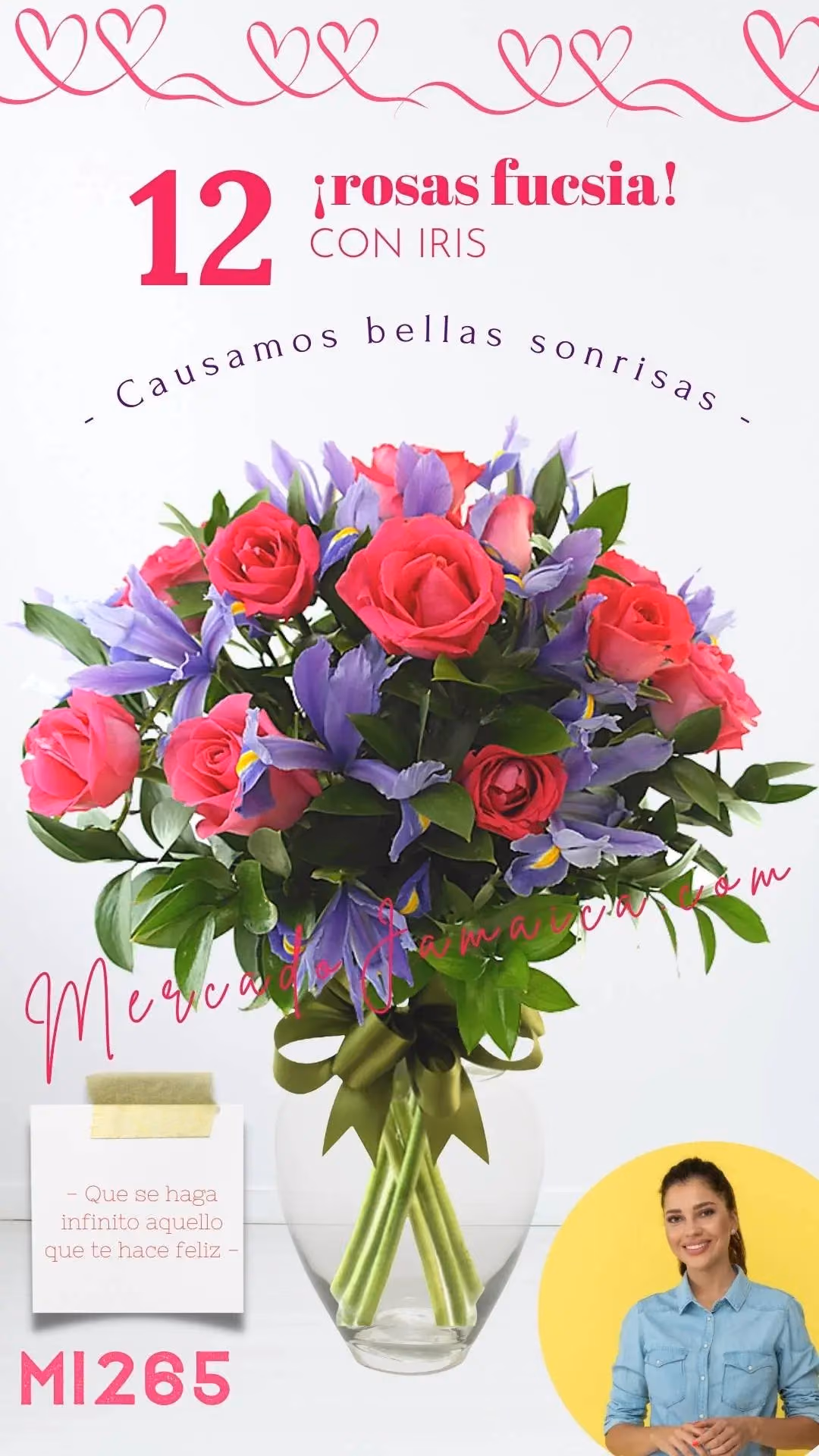 Arreglo 12 Rosas Fucsia con Iris Azul en Jarrón CDMX