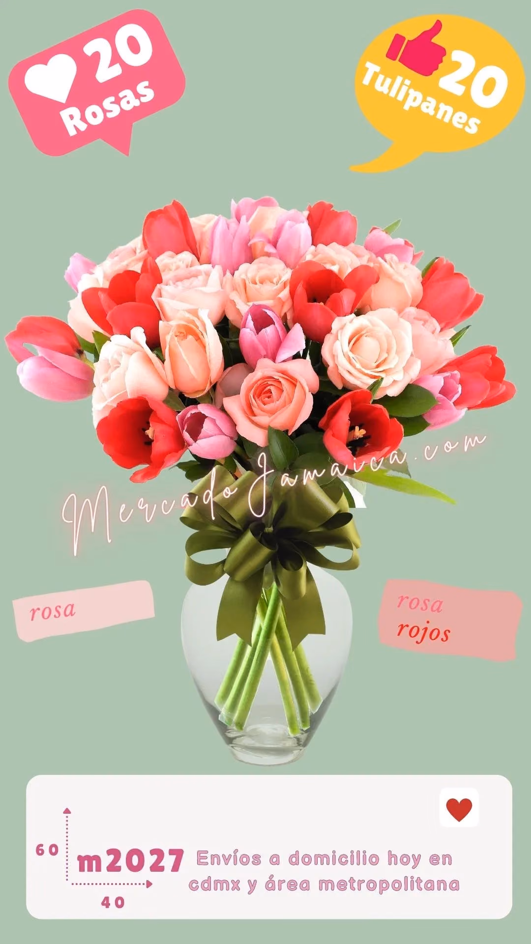 Arreglo 20 Rosas y 20 Tulipanes Rosa-Rojo CDMX