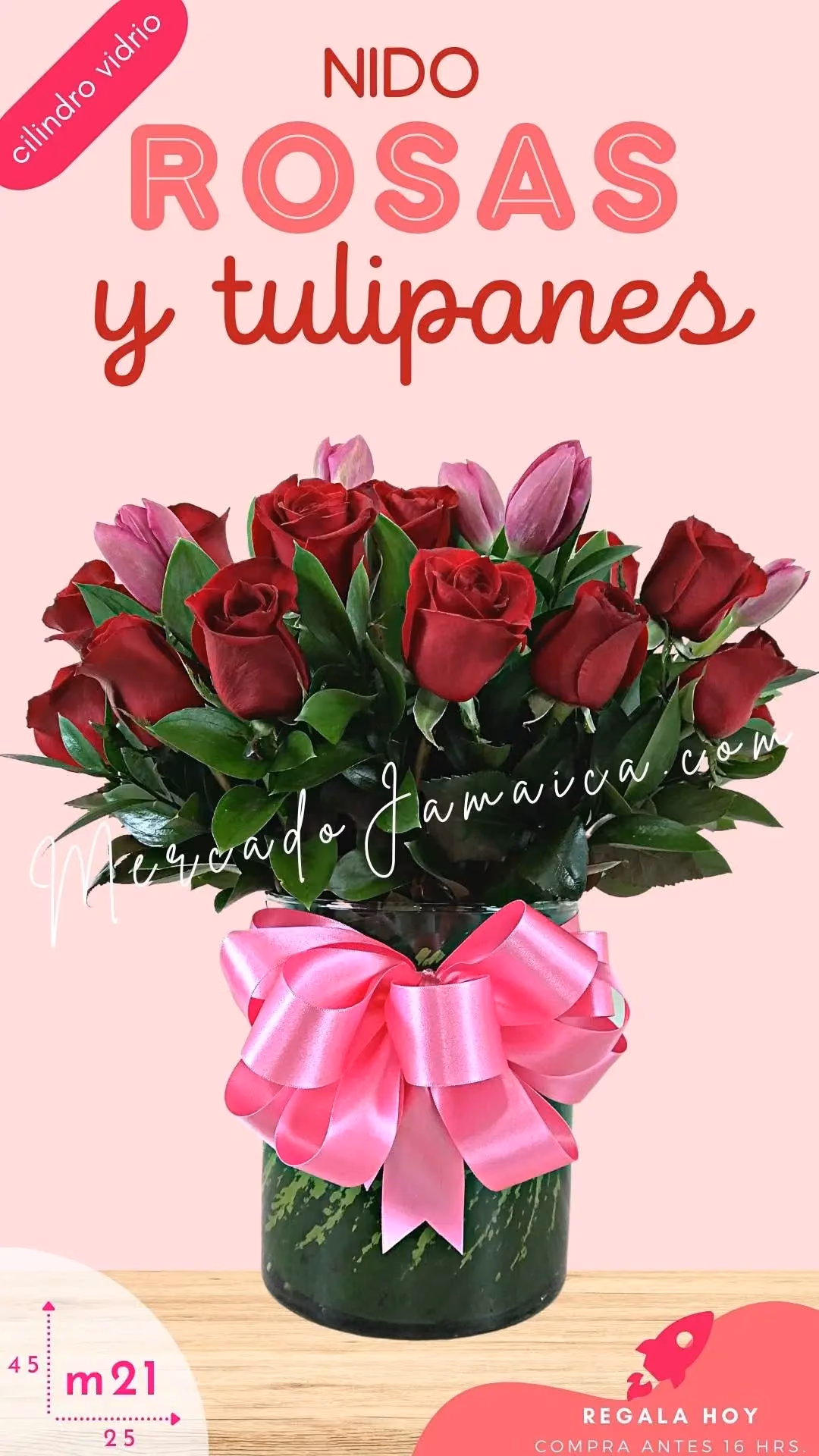Arreglo 24 Rosas Rojas y 10 Tulipanes Rosa CDMX