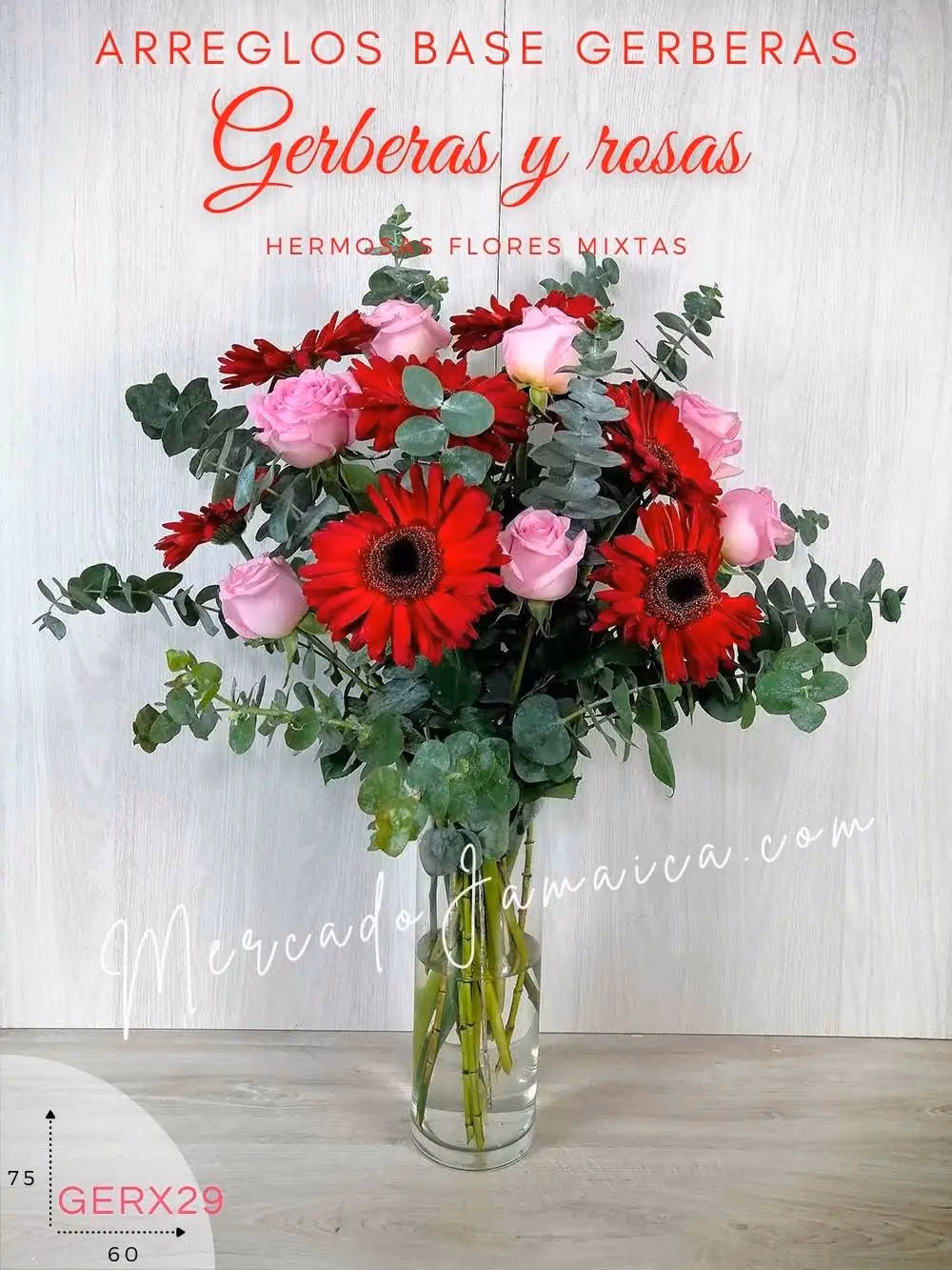 Arreglo 6 Gerberas y 10 Rosas en Florero CDMX