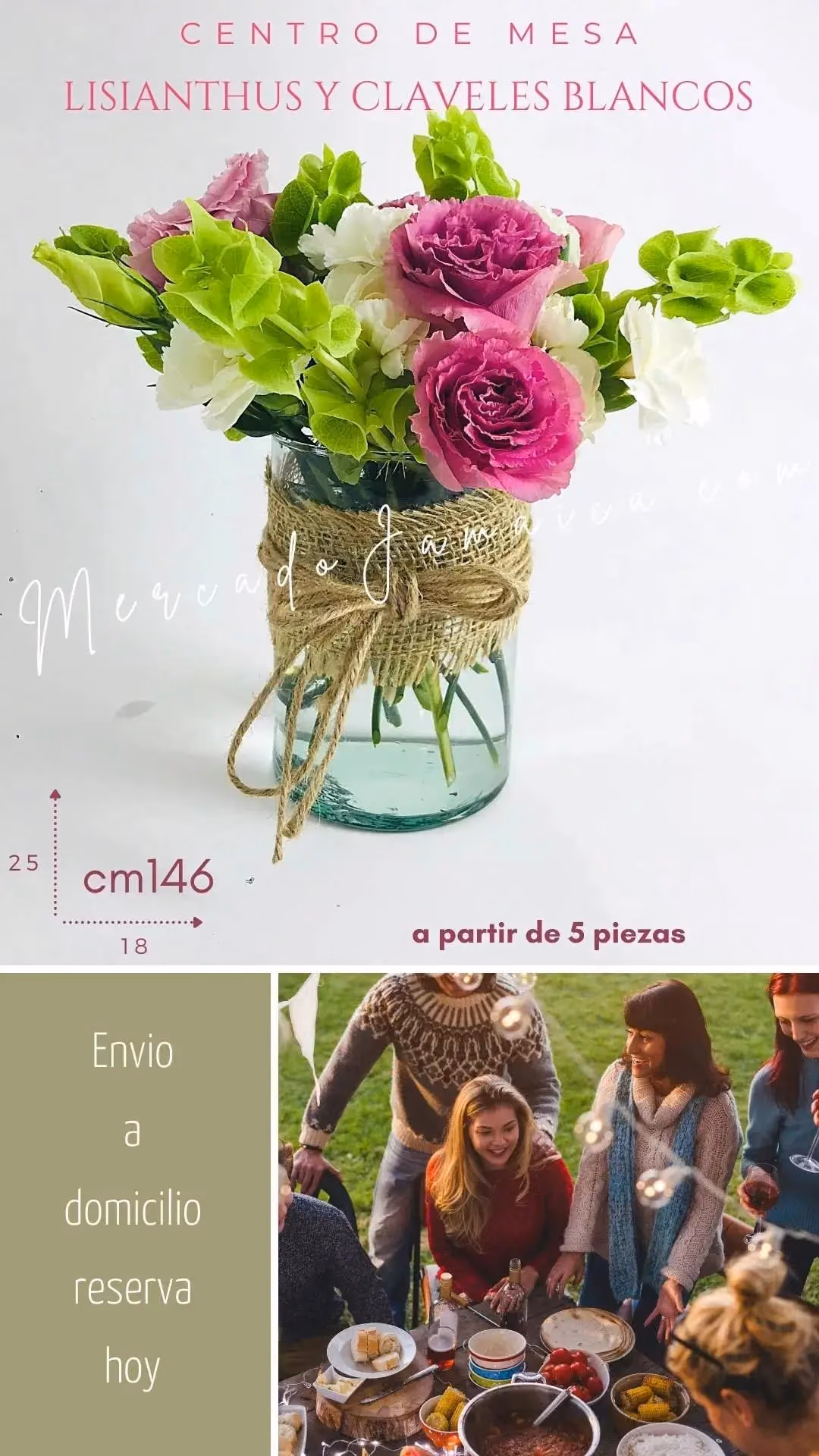 Centro Mesa Lisianthus y Claveles Blancos CDMX