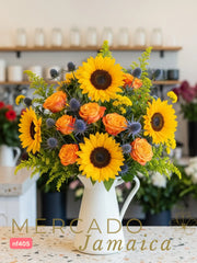 Vitalidad y Contraste: Girasoles, Rosas y Eryngium