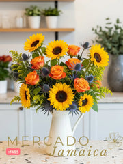 Vitalidad y Contraste: Girasoles, Rosas y Eryngium