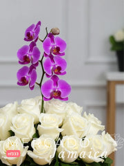 Pureza y Lujo: Arreglo de 24 Rosas Blancas y Orquídeas Phalaenopsis Rosa