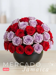 Pasión y Encanto: Rosas Rojas y Rosas Lila en Florero Bowl