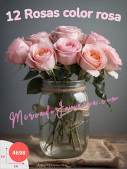 Centro de Mesa con 12 Rosas Color Rosa en Florero Mason Jar México