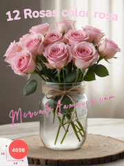 Centro de Mesa con 12 Rosas Color Rosa en Florero Mason Jar México