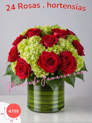 Arreglo Floral Exclusivo de Rosas Rojas y Hortensias Verdes en Florero de Vidrio Cilíndrico México