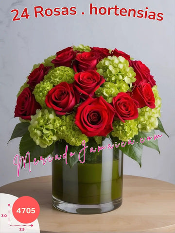 Arreglo Floral Exclusivo de Rosas Rojas y Hortensias Verdes en Florero de Vidrio Cilíndrico México