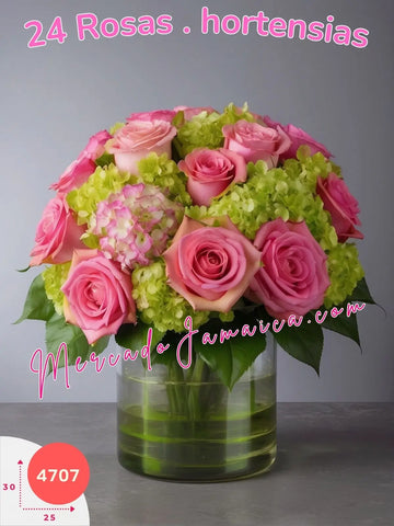 Armonía en Rosa y Verde: 24 Rosas y Hortensias México