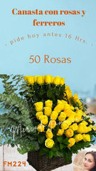 Canasta de Flores 50 Rosas Amarillas con Girasoles