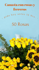 Canasta de Flores 50 Rosas Amarillas con Girasoles
