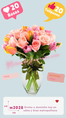 Arreglo floral con rosas y tulipanes