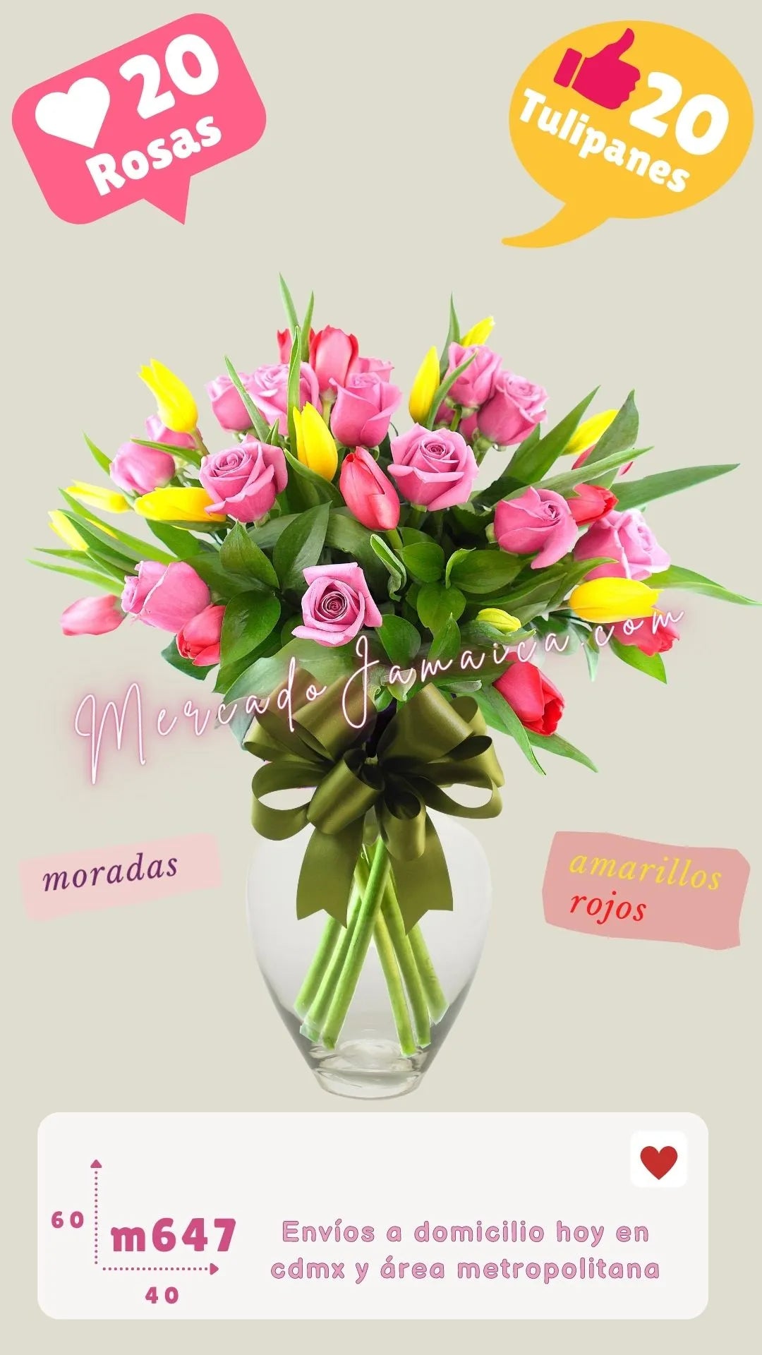 Arreglo floral con rosas y tulipanes