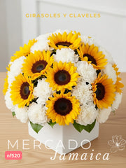 Sol en versión abrazo . Arreglo congirasoles y claveles