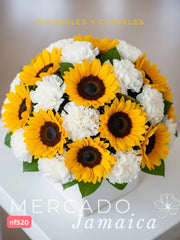 Sol en versión abrazo . Arreglo congirasoles y claveles