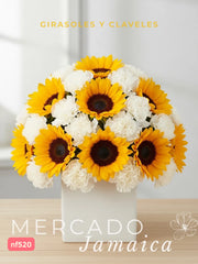 Sol en versión abrazo . Arreglo congirasoles y claveles