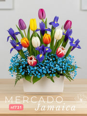 Tulipanes con Iris Azul