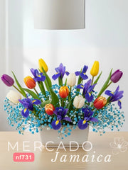Tulipanes con Iris Azul